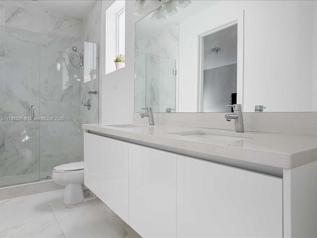 bathroom featuring vanity, an enclosed shower, and toilet