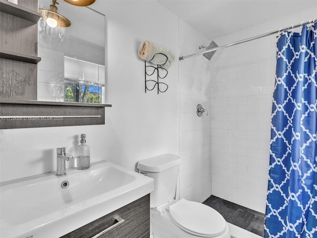 bathroom featuring vanity, a shower with curtain, and toilet