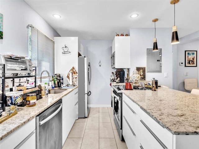 kitchen featuring sink, white cabinetry, hanging light fixtures, stainless steel appliances, and electric panel