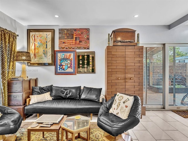 living room featuring light tile patterned floors