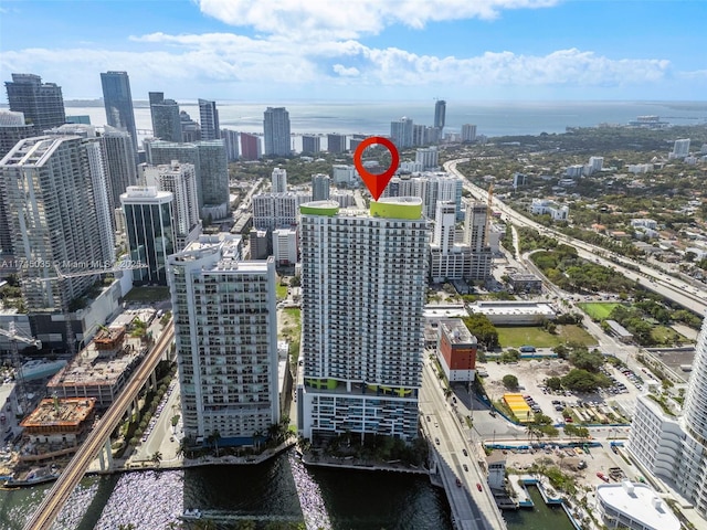 drone / aerial view featuring a water view