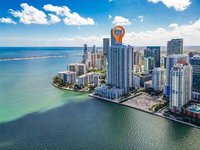 birds eye view of property with a water view