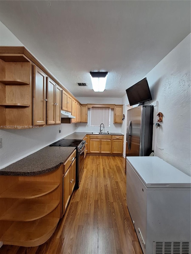 kitchen with sink, appliances with stainless steel finishes, and light wood-type flooring