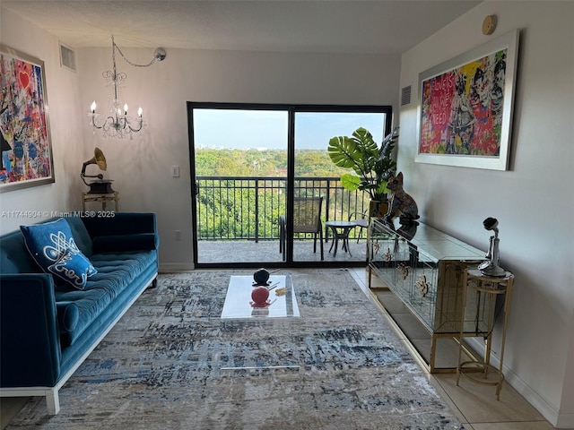 3530 SW 22nd St Unit 706, Miami, FL 33145 - tiled living room with baseboards, visible vents, and an inviting chandelier