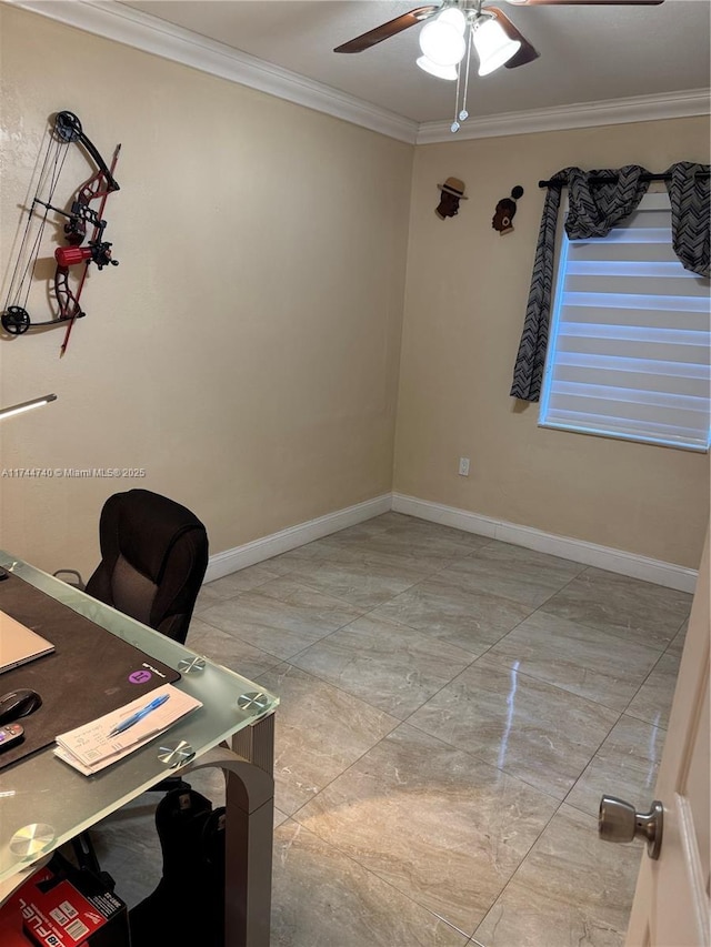 2770 NW 164th Ter, Miami Gardens, FL 33054 - office space with baseboards, a ceiling fan, marble finish floor, and crown molding