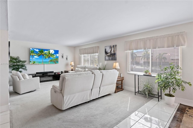 living room with light colored carpet