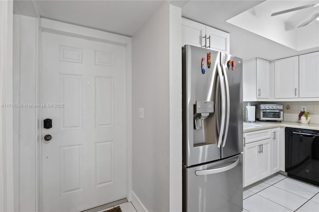 kitchen featuring stainless steel refrigerator with ice dispenser, black dishwasher, tasteful backsplash, and white cabinets