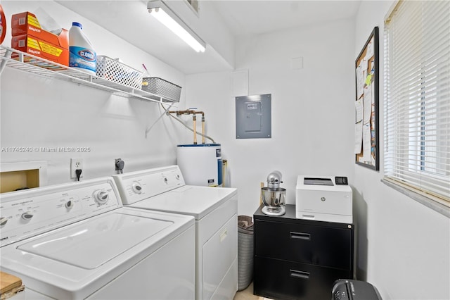 laundry room with separate washer and dryer, electric panel, and electric water heater