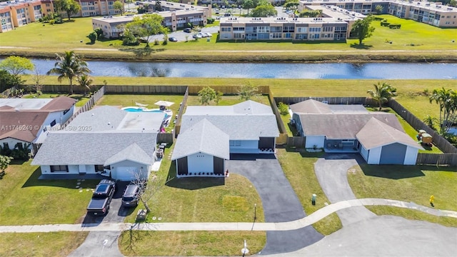 drone / aerial view featuring a water view