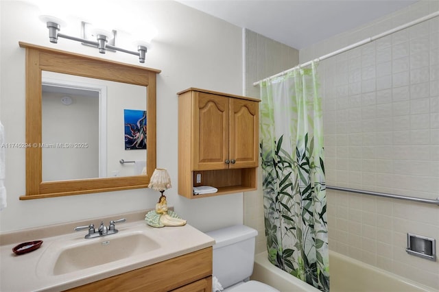 full bathroom featuring vanity, toilet, and shower / bath combo with shower curtain