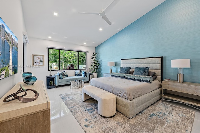 bedroom with lofted ceiling and ceiling fan