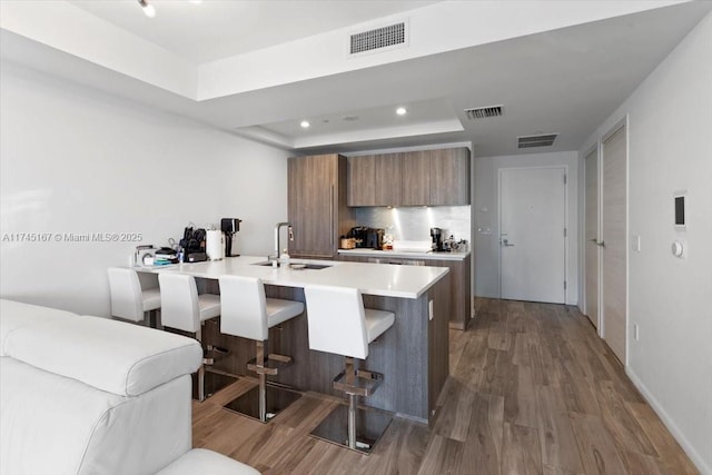 kitchen with a kitchen bar, sink, dark hardwood / wood-style floors, a raised ceiling, and decorative backsplash