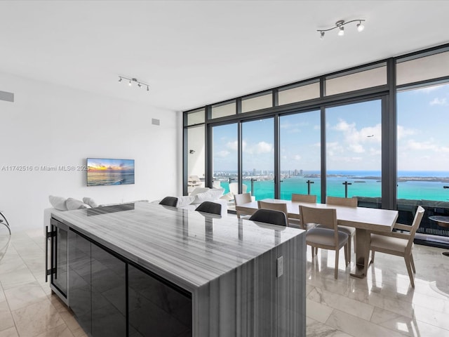 kitchen with expansive windows, rail lighting, and a water view