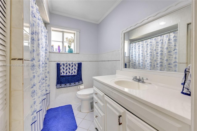 bathroom featuring ornamental molding, tile walls, tile patterned floors, and toilet