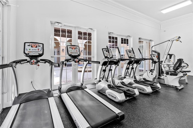 exercise room with french doors and crown molding