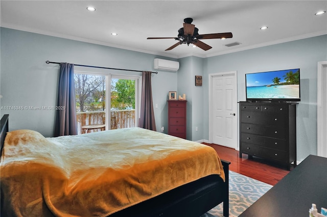 bedroom featuring crown molding, access to outside, an AC wall unit, dark hardwood / wood-style floors, and ceiling fan