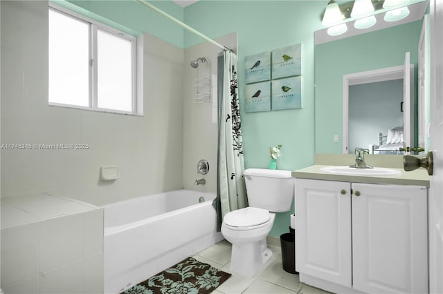 full bathroom with shower / bath combination with curtain, vanity, toilet, and tile patterned flooring