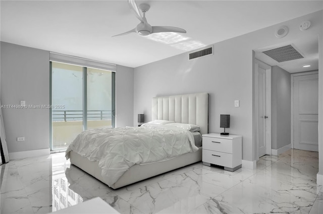 bedroom with access to outside, ceiling fan, and a wall of windows