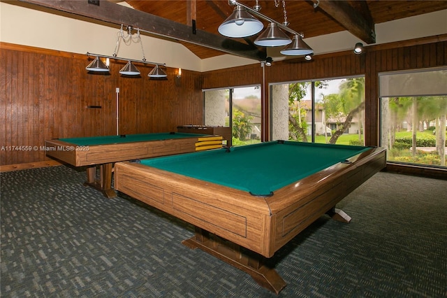 rec room with billiards, wooden walls, lofted ceiling with beams, dark carpet, and wooden ceiling