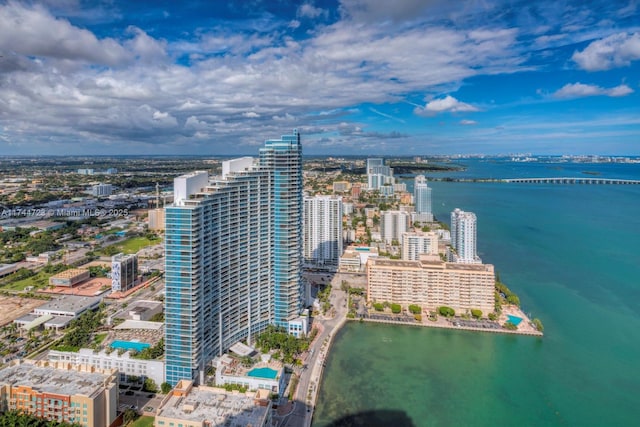 drone / aerial view featuring a water view