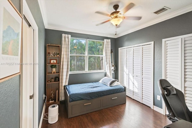 bedroom featuring ceiling fan, dark wood-type flooring, ornamental molding, and multiple closets