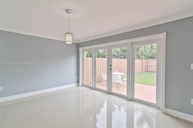 tiled empty room with a healthy amount of sunlight and crown molding