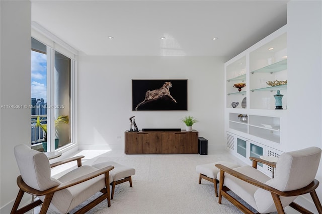 living room with built in shelves and light carpet