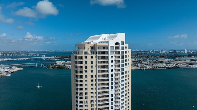 drone / aerial view with a water view