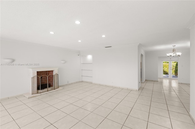 unfurnished living room with light tile patterned floors, a notable chandelier, and ornamental molding