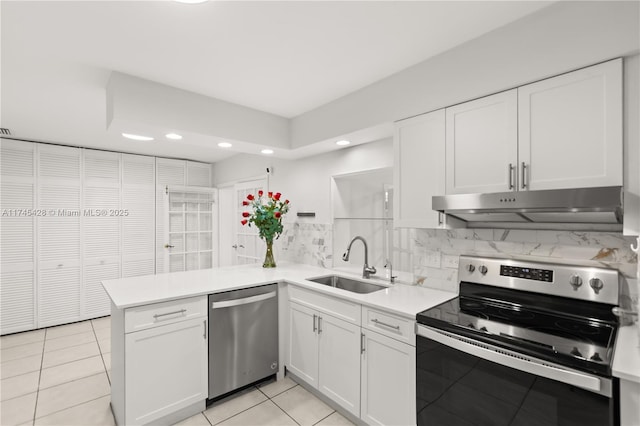 kitchen featuring tasteful backsplash, sink, white cabinets, kitchen peninsula, and stainless steel appliances