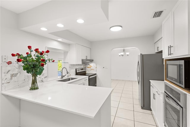 kitchen with stainless steel appliances, sink, white cabinets, and kitchen peninsula