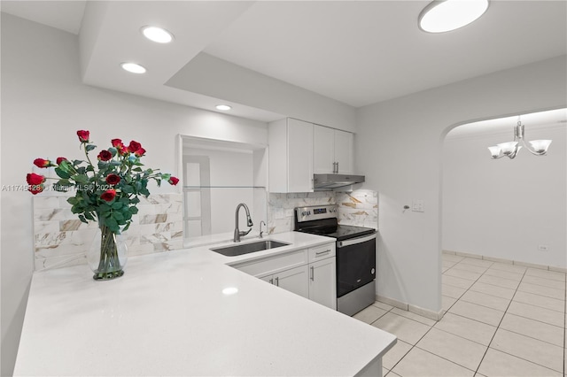 kitchen featuring white cabinetry, stainless steel range with electric stovetop, sink, and backsplash