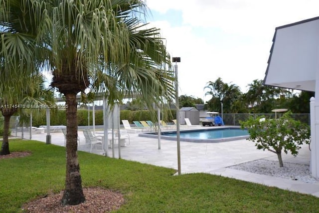 view of swimming pool featuring a yard, a shed, and a patio area