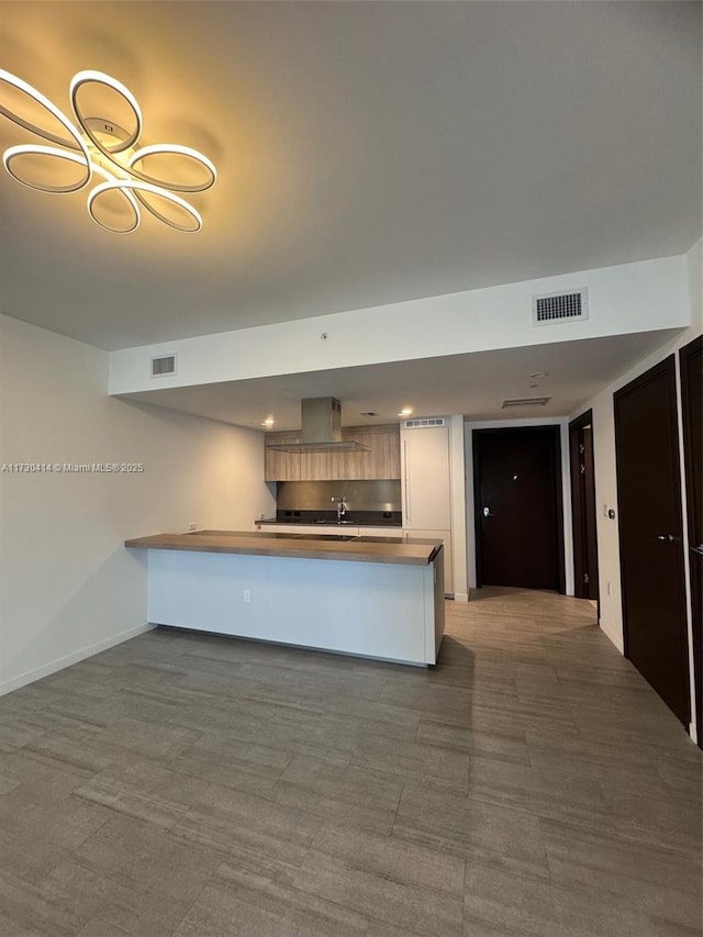 kitchen with sink, island range hood, and kitchen peninsula