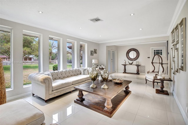 17500 SW 68th Ct, Southwest Ranches, FL 33331 - living room featuring visible vents, ornamental molding, baseboards, recessed lighting, and light tile patterned floors