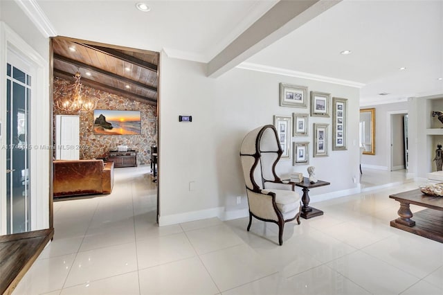 17500 SW 68th Ct, Southwest Ranches, FL 33331 - hallway featuring recessed lighting, baseboards, ornamental molding, and vaulted ceiling with beams