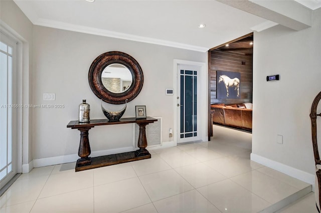 17500 SW 68th Ct, Southwest Ranches, FL 33331 - hall featuring baseboards, ornamental molding, tile patterned floors, and recessed lighting