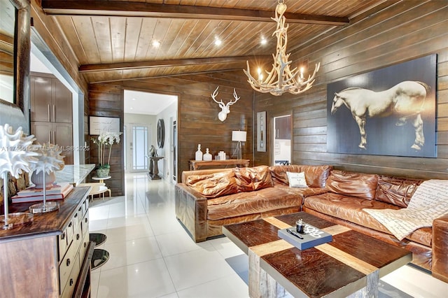 17500 SW 68th Ct, Southwest Ranches, FL 33331 - living area featuring wood walls, light tile patterned flooring, wood ceiling, a chandelier, and lofted ceiling with beams