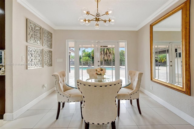 17500 SW 68th Ct, Southwest Ranches, FL 33331 - dining space featuring ornamental molding, french doors, light tile patterned flooring, and a chandelier
