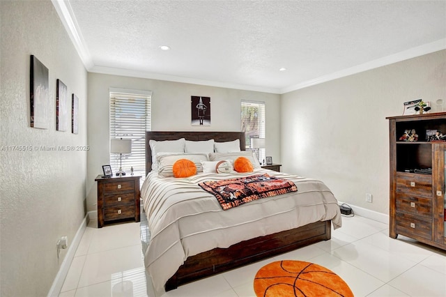 17500 SW 68th Ct, Southwest Ranches, FL 33331 - bedroom with crown molding, light tile patterned flooring, a textured ceiling, and baseboards