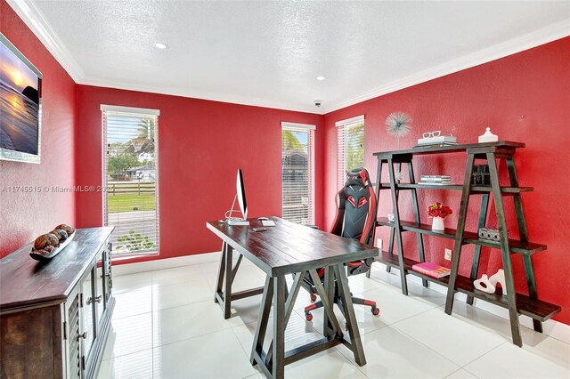 17500 SW 68th Ct, Southwest Ranches, FL 33331 - home office with a textured ceiling, ornamental molding, baseboards, and plenty of natural light