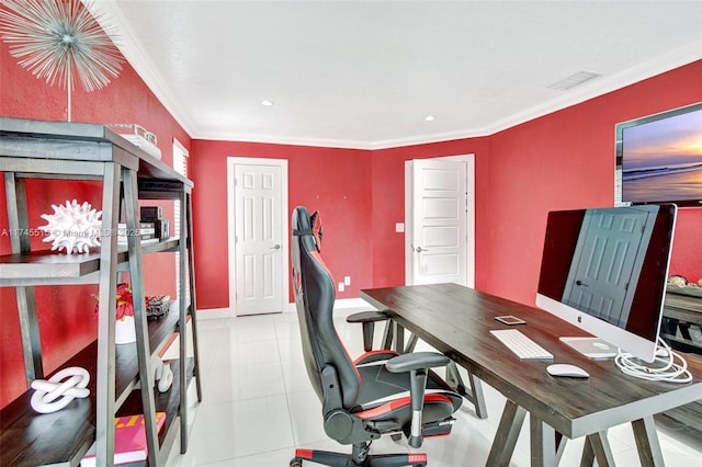 17500 SW 68th Ct, Southwest Ranches, FL 33331 - office area with visible vents, crown molding, baseboards, recessed lighting, and light tile patterned flooring