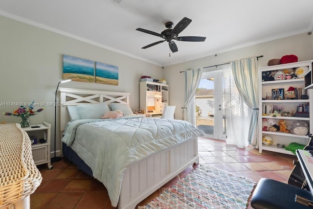 tiled bedroom with french doors, access to exterior, a ceiling fan, and ornamental molding