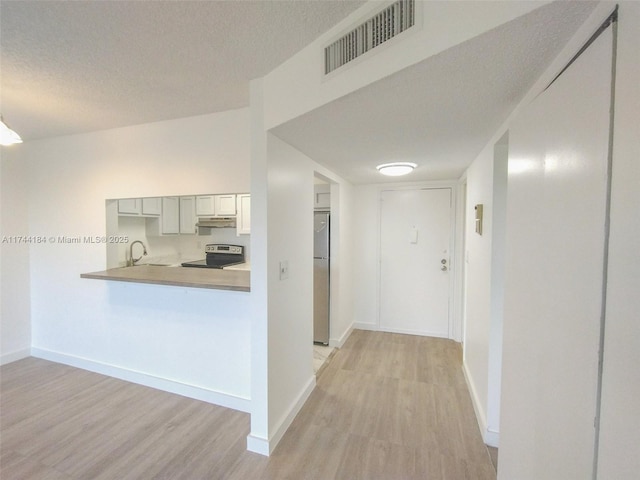 hall featuring a textured ceiling and light wood-type flooring