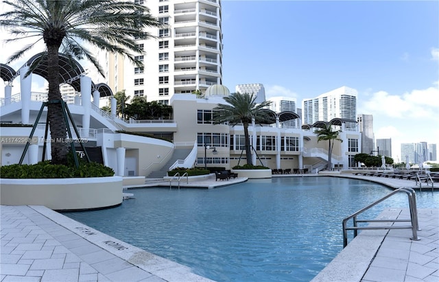 view of pool with a water view