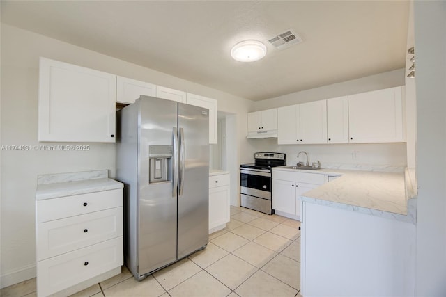 kitchen featuring stainless steel appliances, white cabinetry, sink, and light tile patterned floors