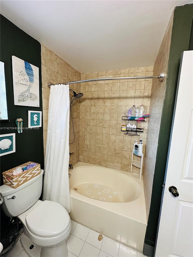 bathroom with tile patterned floors, shower / bathtub combination with curtain, and toilet