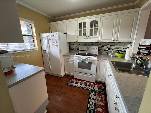 kitchen featuring white cabinetry, sink, dark hardwood / wood-style flooring, ornamental molding, and white appliances