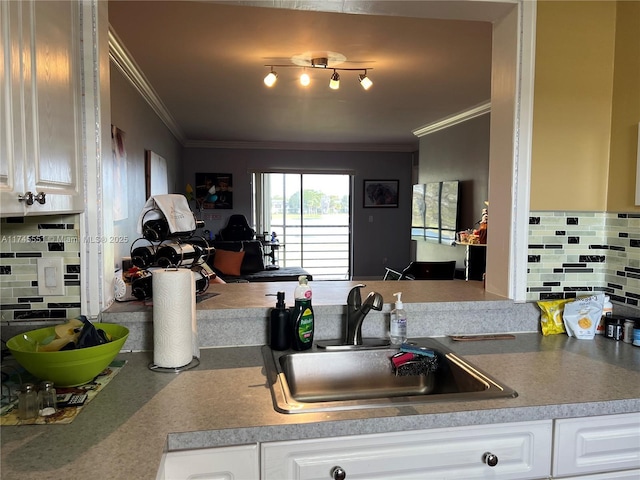 kitchen with crown molding, sink, and white cabinets