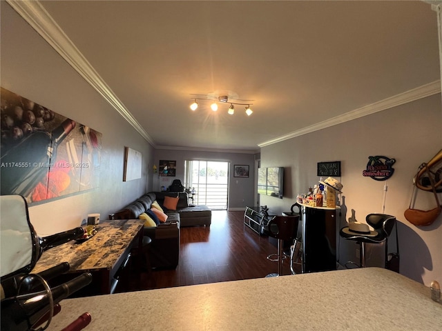 interior space with crown molding and dark wood-type flooring